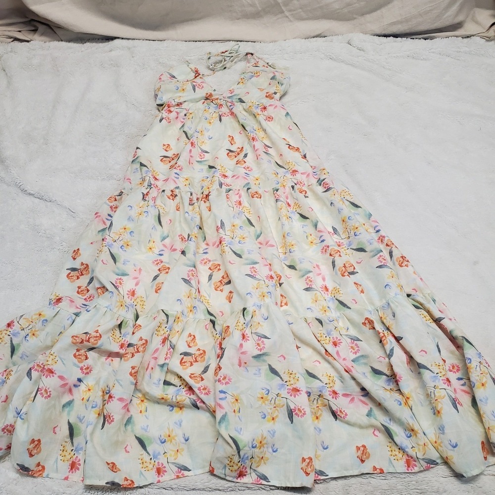 FORE‎ Pink Green Floral V Neck Halter Maxi Dress Medium Casual Cottage Feminine